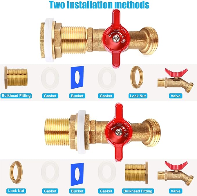 WADEO Rain Barrel Spigot - Brass Quarter Turn Ball Valve with Bulkhead Fitting, Two 12 Inch Hoses and Four Brass Fittings