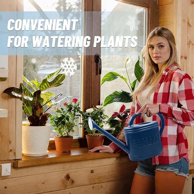 Watering Can for Indoor & Outdoor Plants, Plant Watering Can with Stainless Steel Shower Head, 1 Gallon Plastic Watering Can for Garden, Flowers, Vegetable, Greenhouse (Dark Blue, 1 Gallon)