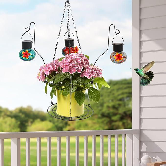 Solar Hummingbird Feeder with Hanging Planter - 3 Glass Balls, Solar Lights, Bee Resistant & Leakproof Design, Outdoor Garden Decor Gift for Bird Lovers