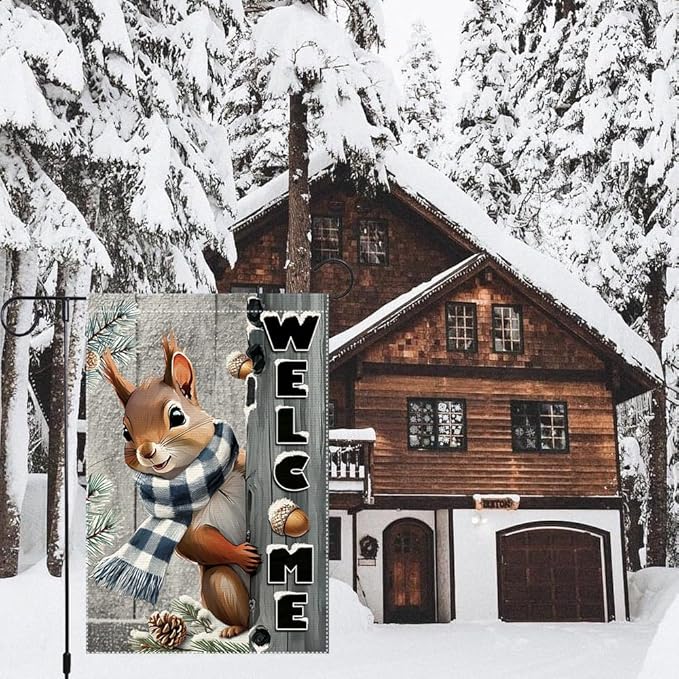 Welcome Garden Flag 12x18inch The Nut Squirrel Winter Garden Flags Yard Porch House Flag Double-Side For Home Outdoor Yard Patio Lawn Decor,Christmas Garden Decorations (RMQ-42, 12"X18")