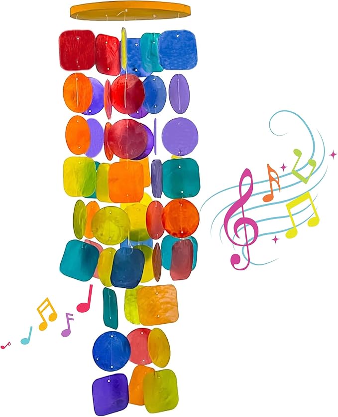 Bellaa Handmade Wind Chimes Outdoor, Musical, Garden Decorations, Beach, Ocean, Breeze, Gifts for Mom, Outside Windchimes, 63pcs, Capiz, Shells, Sea, Glass, Wood, Rainbow