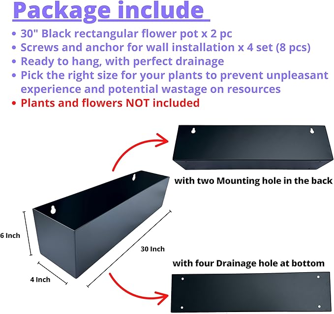 LaLaGreen Outdoor Wall Planters (30 Inch, 2 Pack) Carbon Steel Black Metal Hanging Flower Pots for Succulents, Wall Mount Rectangular Long Window Sill Box Fence Floating Shelf for Modern Garden Decor
