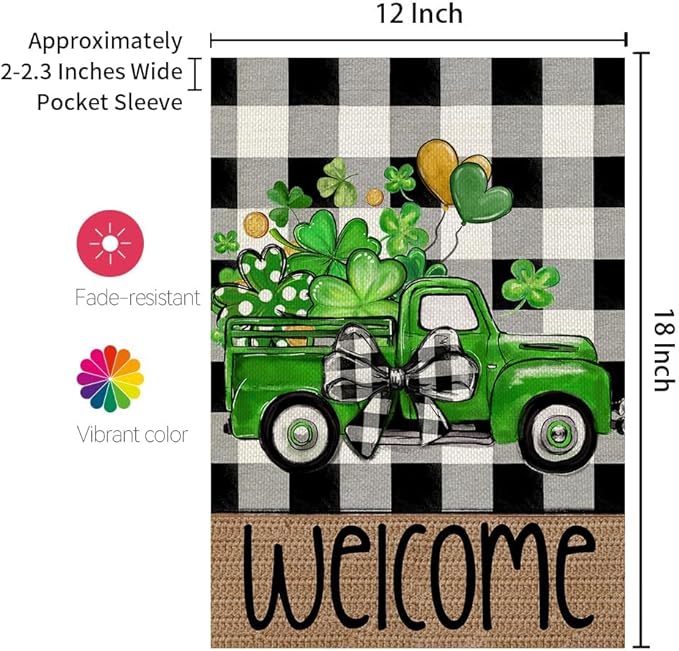 CROWNED BEAUTY St Patricks Day Shamrocks Truck Garden Flag 12x18 Inch Double Sided for Outside Small Burlap Buffalo Plaid Welcome Holiday Yard Decoration