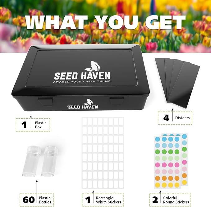 Seed Organizer Storage Box, Black Opaque Light Proof Seed Bank with 60 Transparent Bottles & Labels, Seed Holder Packet Organizer, Seed Vault Container for Homesteaders, Garden Tackle and Bead Sorter