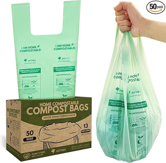 Compostable Kitchen Trash Bags 13 Gal - Cornstrarch Leakproof & Tear Resistant 50 Compost Bags - OK Compost Home & Seedling Certified 0.25 mm Kitchen Garbage Bags