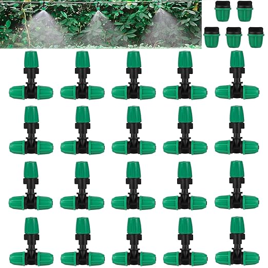 Drip Irrigation Misting Nozzle Kit, 45Pcs Drip Irrigation Parts with 20Pcs 4/7" to 1/4" Barbed Tee Connectors, 20Pcs 1/4" Green Atomizing Misting Nozzles, 5Pcs 4/7" End Caps for Garden Watering