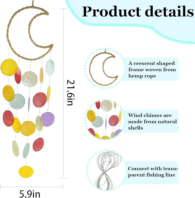 Wind Chimes Outdoor with Round Capiz Shells,Ocean Theme Party Decorations Memorial Wind Chimes Suitable for Indoor Front Porch Garden Patio Decoration(White)