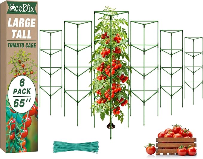 [Upgraded] ZeeDix 65 Inch Tall Tomato Cages for Garden, 6 Pack Large Plant Trellis Support Stakes for Climbing Plants, Heavy Duty Adjustable Tomatoes Cage for Pots, Raised Garden Bed Outdoor Supplies