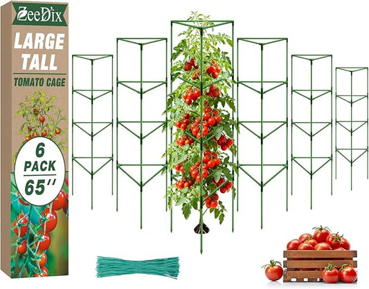 [Upgraded] ZeeDix 65 Inch Tall Tomato Cages for Garden, 6 Pack Large Plant Trellis Support Stakes for Climbing Plants, Heavy Duty Adjustable Tomatoes Cage for Pots, Raised Garden Bed Outdoor Supplies