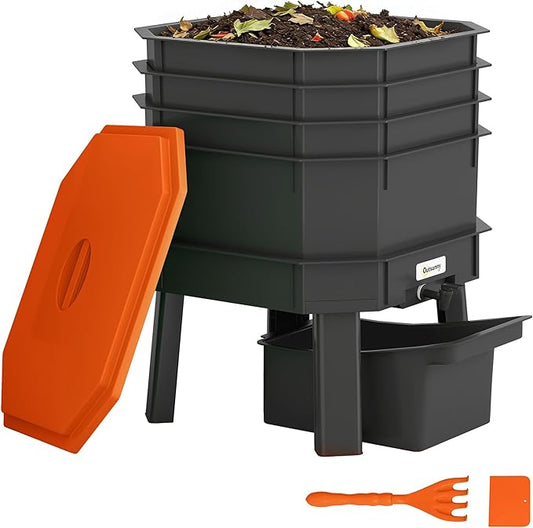 Outsunny 4-Tray Worm Composter Bin, 7.4 Gal Outdoor & Indoor Worm Composter, Farm Starter Kits for Vermicomposting Starter, Garden Composting Bin for Recycling Food Waste, Orange