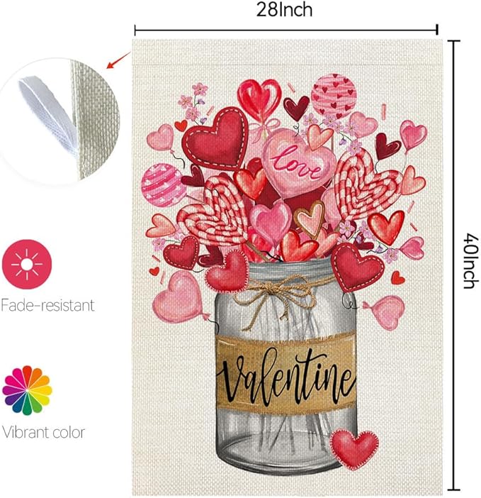 CROWNED BEAUTY Valentines Day House Flag 28x40 Inch Double Sided Large Burlap Holiday Mason Jar Floral Pink Flag for Outside Yard CF1212-40