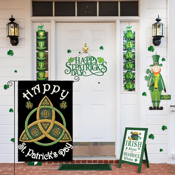 AVOIN colorlife Happy St Patricks Day Garden Flag 12x18 Inch Double Sided Outside, Trinity Shamrock Clover Yard Outdoor Decoration