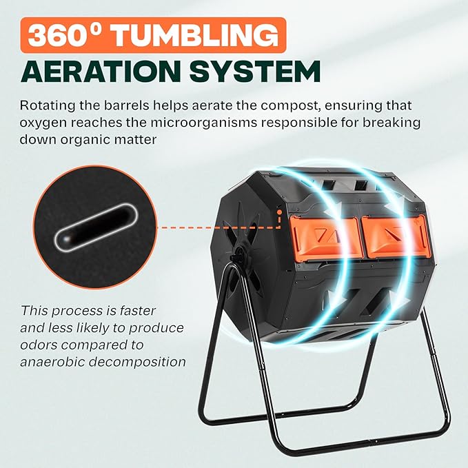 Idzo Dual Chamber Rotating Composter Tumbler Outdoor, Compost Bin Outdoor Garden with Efficient Aeration System for Easy & Quick Composting, Space-Saving Rotating Compost Bin Prevents Odor & Rodents