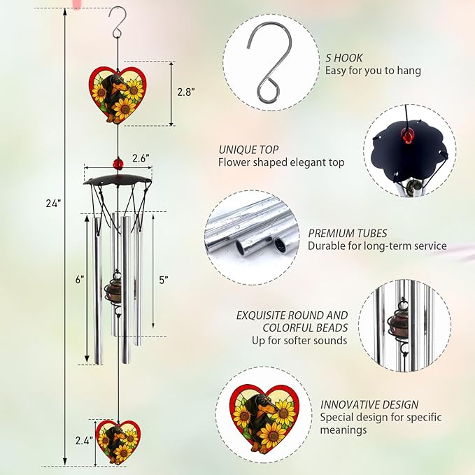 Wind Chimes for Outside 24" Dachshund Wind Chimes Outdoor Home Patio Garden Decor Windchimes Outdoors Gift Ideas for Women Mom Grandma Sisters