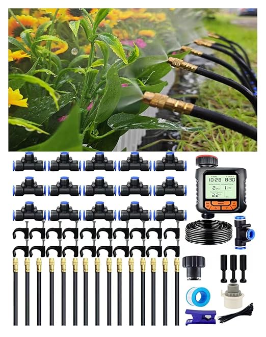 Drip Irrigation System - 360° Adjustable Micro Spray Sprinkler Kit for Garden, Easy Installation No Tools, Fine Mist Watering for Garden Potted Plants, Greenhouse (65FT+Timer)