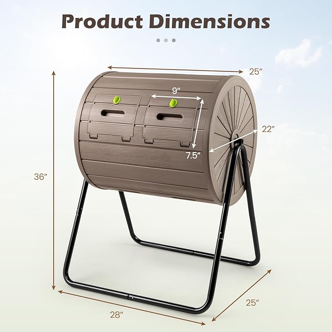 Goplus Compost Tumbler, 37.5 Gallon Large Outdoor Compost Bin w/Dual Chambers, 2 Lockable Doors, Efficient 360° Rotating Batch Composter for Garden Yard Farm Waste, Easy Assembly, BPA-Free (Coffee)