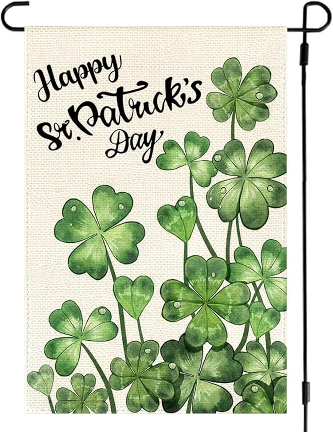 Happy St Patricks Day Garden Flag 12x18 Inch Double Sided Outside, Blossom Shamrock Outdoor Yard Flag Green Lucky Clover Holiday Decoration