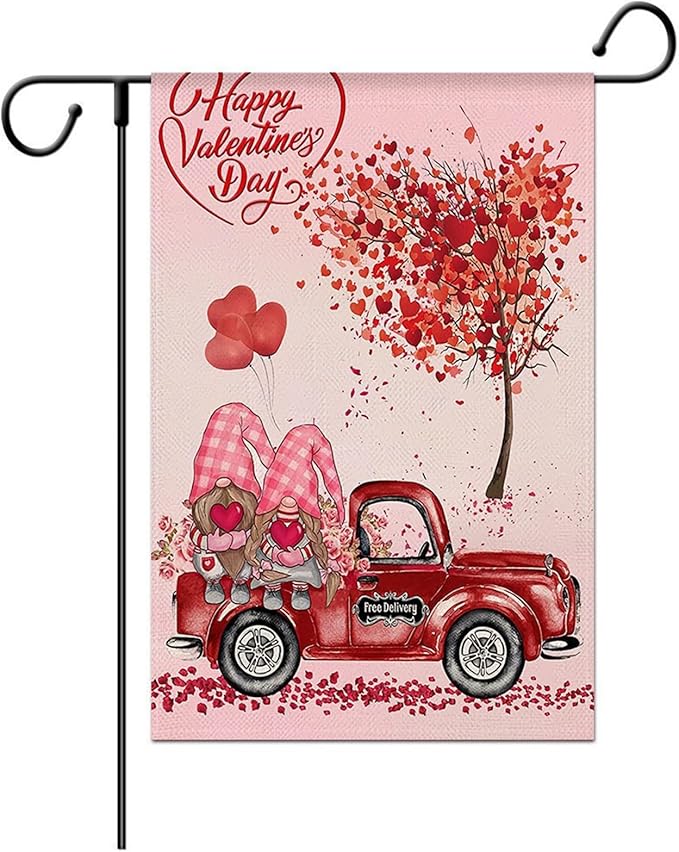 Valentine's Day Garden Flag 12x18 Inch - Cute Gnome Couple with Red Truck & Heart Tree, Double-Sided Outdoor Yard Flag Decor for Patio Yard Valentine Decorations