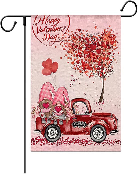 Valentine's Day Garden Flag 12x18 Inch - Cute Gnome Couple with Red Truck & Heart Tree, Double-Sided Outdoor Yard Flag Decor for Patio Yard Valentine Decorations