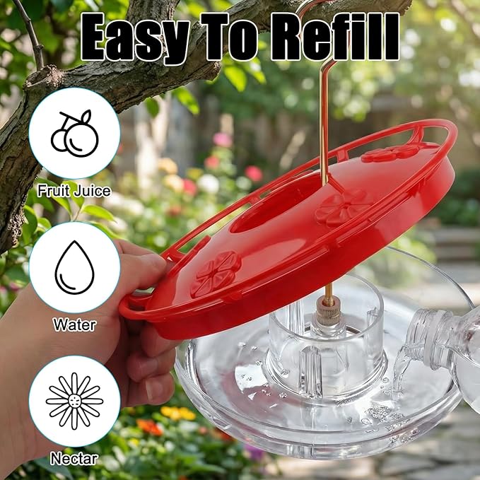 FEED GARDEN 16 oz Plastic Disc Hummingbird Feeders for Outdoors Hanging, Leak-Resistant Nectar Feeder with 5 Ports, Wide Mouth Easy Clean & Refill, Built-in Ant Moat for Garden Backyard