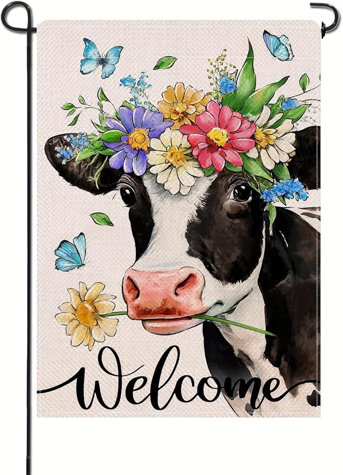 Spring Welcome Cow Garden Flag 12 x 18 inch Double Sided Outside decorations,Funny Cute Animal Flower Butterfly Small Garden Flags For Outdoor Yard Lawn