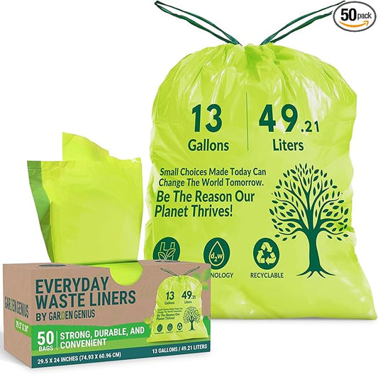 Biodegradable 13-Gallon Kitchen Waste Bags (50-Pack) | Strong, Heavy-Duty Tall Trash Bags w/Drawstring | Fits Most Standard 13-Gallon (49.21 L) Cans | Eco-Friendly D2W, 30 Microns Thick, 29.5" x 24"
