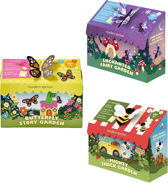 Modern Sprout Magical Minds Garden Kit - Seed Starter Kit w/Wooden Figurines, Wildflowers, Edible Plant Seeds - Easter Basket Essential - Kids Gardening Set for Learning & Play, Perfect Gardening Gift