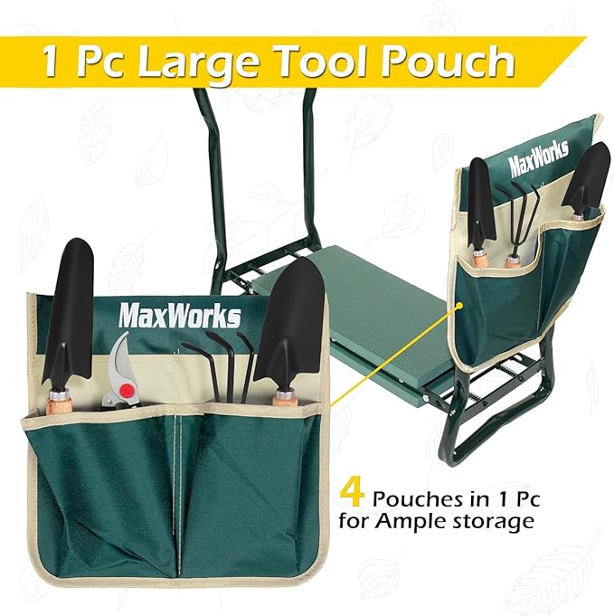 MaxWorks 51033 Folding Garden Kneeler Stool with 8 inch Wide Kneeling Pad, with 1 Tools Pouch for Planting and Gardening