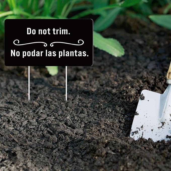 Soaoo 4 Pcs Corrugated Plastic Do Not Trim Yard Signs with Stakes 6.2 x 3.3 Inch 9.2 x 4.9 Inch Plant Signs Bilingual Garden Markers for Outdoor Lawn(Black,Classic)
