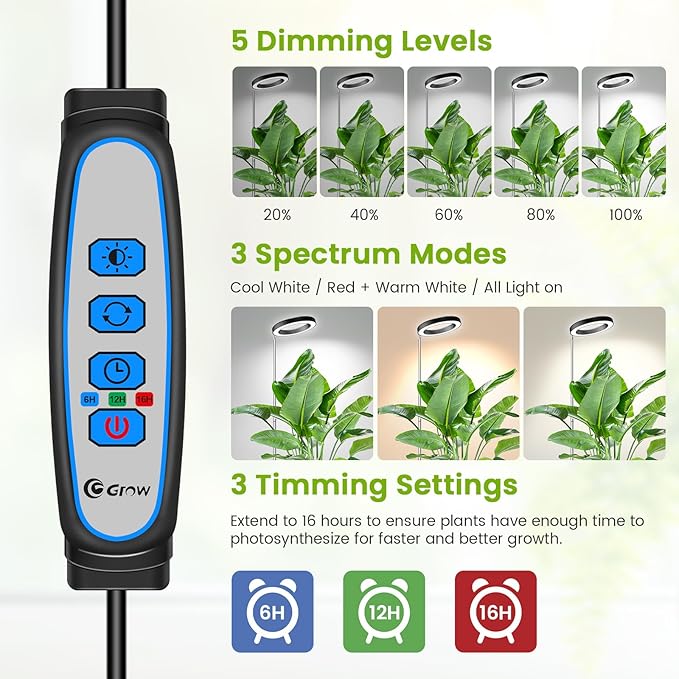 Black Grow Light, Full Spectrum LED Plant Lighs for Indoor Growing with 6/12/16H Timer, 3 Color Modes, 5 Brightness, 10"-60" Height Adjustable Grow Lamp for Tall Indoor Plants (3 Pack)