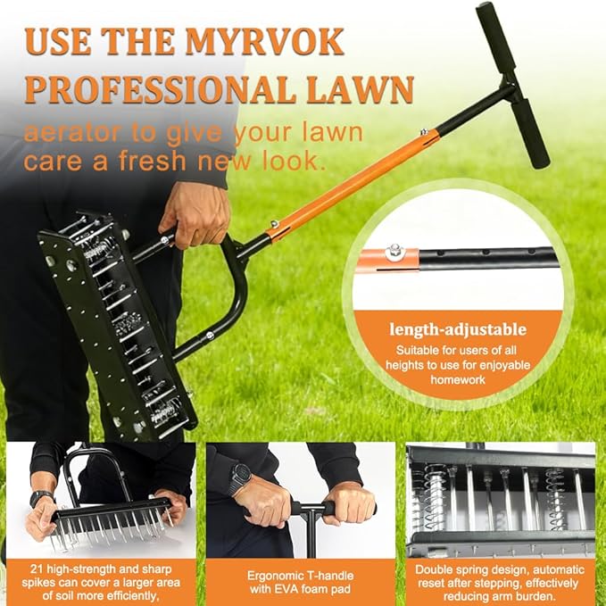 Lawn Aerator Tool – Grass & Yard Aerator, 4 Adjustable Height Settings, Metal Construction with Ergonomic Handle and Spring-Assisted Design for Effortless Yard Care.