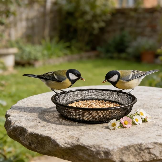 Metal Mesh Bird Feeder Trays, 6 Inch Metal Round Bird Feeders Tray, Iron Ground Birds Seed Feeding Bowl, Platform Mesh Seed Tray, Outdoor Floor Birds Feeders Stand for Humming Feeder Station (Black)