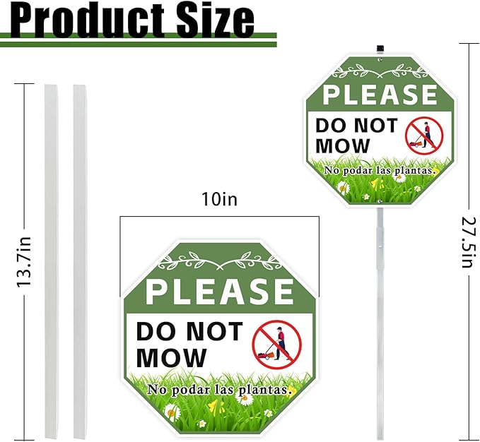 2 Pack 10" x 28" Do Not Mow Yard Signs with Stake and Accessories, Rust Free Aluminum Composite, Bilingual Garden Metal Signs for Outdoor Lawn