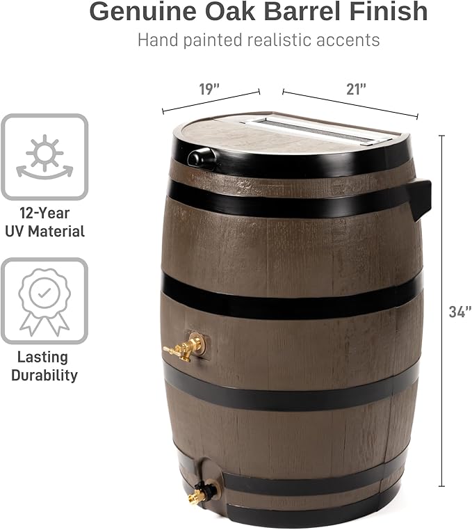 RTS Home Accents Polyethylene 50 Gallon Flat Back Dual Brass Spigot Rain Barrel, Woodgrain with Black Stripes Color