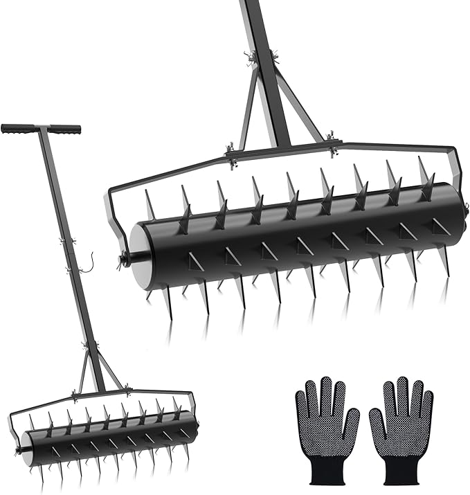 Seeutek 18 Inch Rolling Lawn Aerator, Upgraded Heavy Duty Aerator Lawn Soil Penetrator Spikes w/ 3 Adjustable Height Handles, Manual Aerator Lawn Tool for Garden Yard