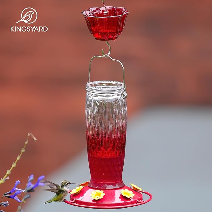 Kingsyard Hummingbird Feeders for Outdoors Hanging, 24 Ounce, Glass Hummingbird Feeder with Ant Moat & 6 Bee Guard Feeding Ports, Leak-Proof, Red Gradient