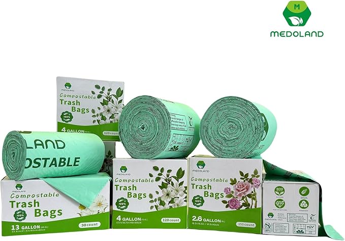 BPI Certified Compostable Trash Bags 13Gallon (30 Count) - 3X Thicker Than Regular, Leak & Tear Resistant for Kitchen/Garden/Food Waste, 90-Day Breakdown in Home/Industrial Use, 0.91mils Plant-Based