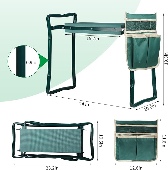 Garden Kneeler and Seat, Portable Foldable Gardening Kneeling Bench Stool with Tool Pouch and EVA Foam Kneeling Pad, Gardening Gifts for Women, Men, Gardeners, Seniors