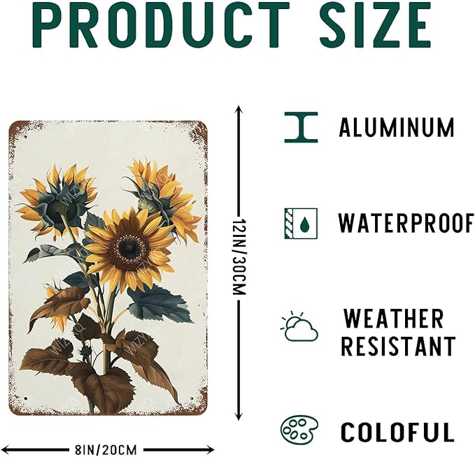 Flowers Metal Signs Sunflower Sign Vintage Tin Sign Aluminum Sign Retro Wall Decor for Living Room Bedroom Greenhouse Garden Yard Shop Bar 8×12 Inches