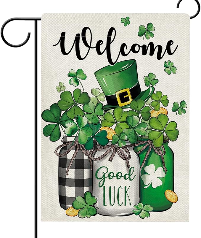 Hzppyz Welcome St Patricks Day Garden Flag Double Sided, Lucky Shamrock Clover Mason Jar Decorative Yard Outdoor Home Small Decor, Irish Spring Top Hat Gold Coin Burlap Outside House Decoration 12x18