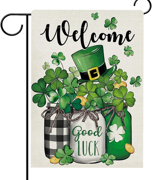 Hzppyz Welcome St Patricks Day Garden Flag Double Sided, Lucky Shamrock Clover Mason Jar Decorative Yard Outdoor Home Small Decor, Irish Spring Top Hat Gold Coin Burlap Outside House Decoration 12x18