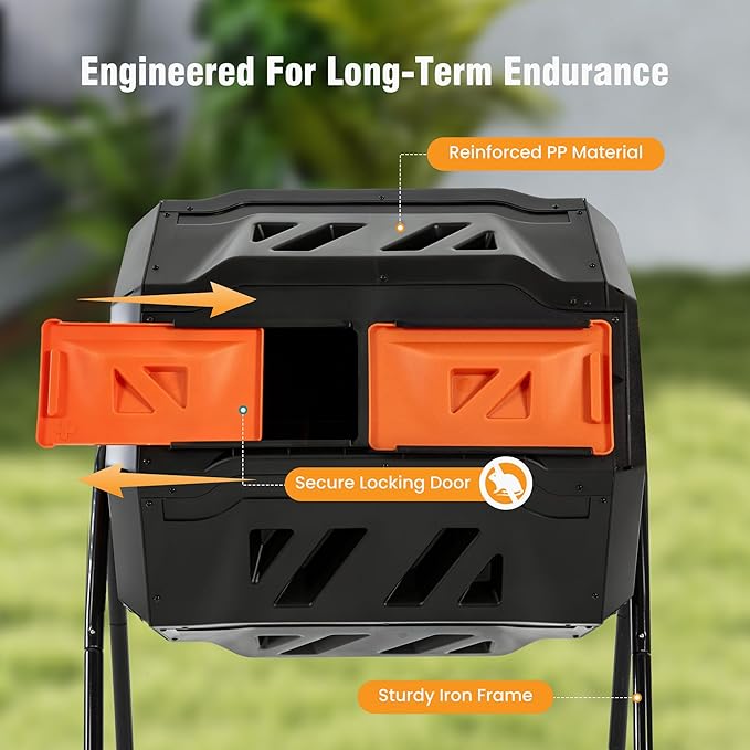 NEWBULIG Compost Bin Outdoor 43 Gallon, Dual Chamber Composter Tumbler Outdoor with Gloves, Efficient 360°Rotating Composting Bin for Patio, Lawn, Home Gardening and Landscape, Orange