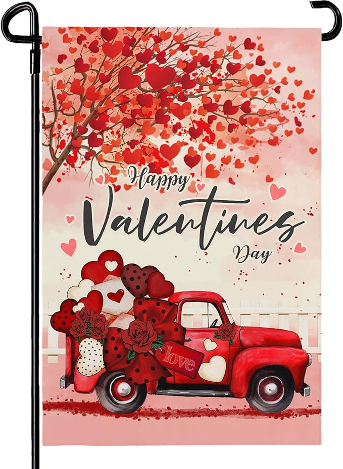 Valentines Garden Flags Red Truck Hearts Tree Yard Garden Flag Burlap 12x18 Inch Double Sided Sweet Love Flags for Outdoor Yard House Decor