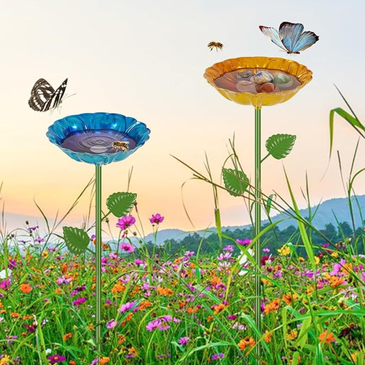 Bee Watering Station | 2 Pack Bee Baths for Garden | Metal Flowers Decorative Garden Stakes | Butterfly Feeder for Outside Garden Yard Decor (Blue,Yellow)