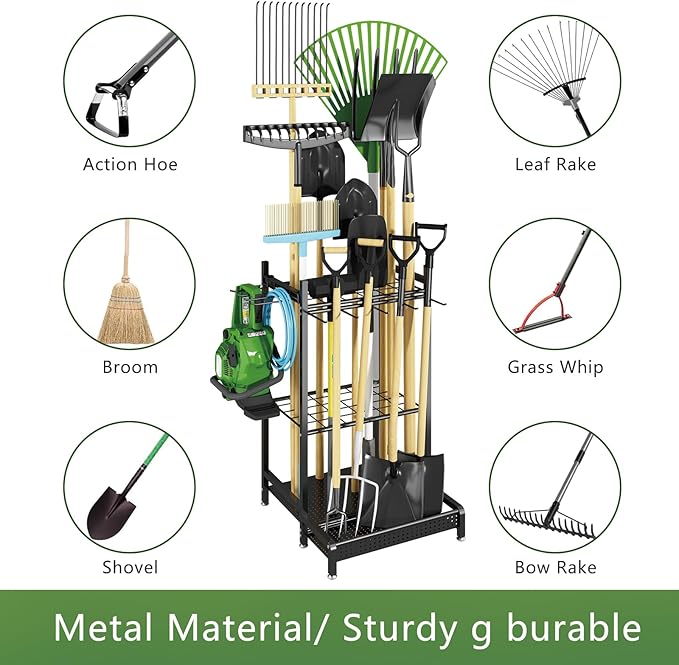 GILLAS Garden Tool Organizer for Garage, Utility Storage Racks with Hooks, Metal Yard Tool Stand Holder Organizer for Long-Handled, Broom, Shovel, Rake, Sturdy Heavy Rack for Outdoor, Yard, Black
