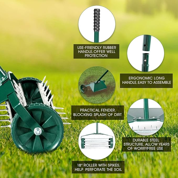 Goplus Rolling Lawn Aerator, 18-Inch Garden Yard Rotary Push Tine Heavy Duty Spike Soil Aeration, Manual Lawn Aeration Tool w/ 41-Inch Handle (Green w/Fender)
