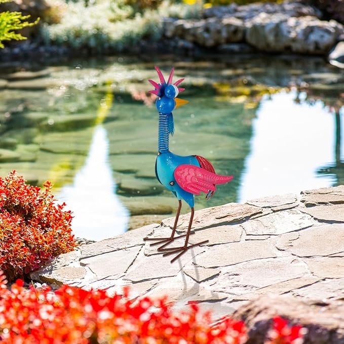 Metal Wacky Rooste Garden Statue, Rooster Decor Yard Statue Decorations Outdoor, Chicken Yard Art for Outside, Patio, Backyrad, Lawn (Blue & Pink)