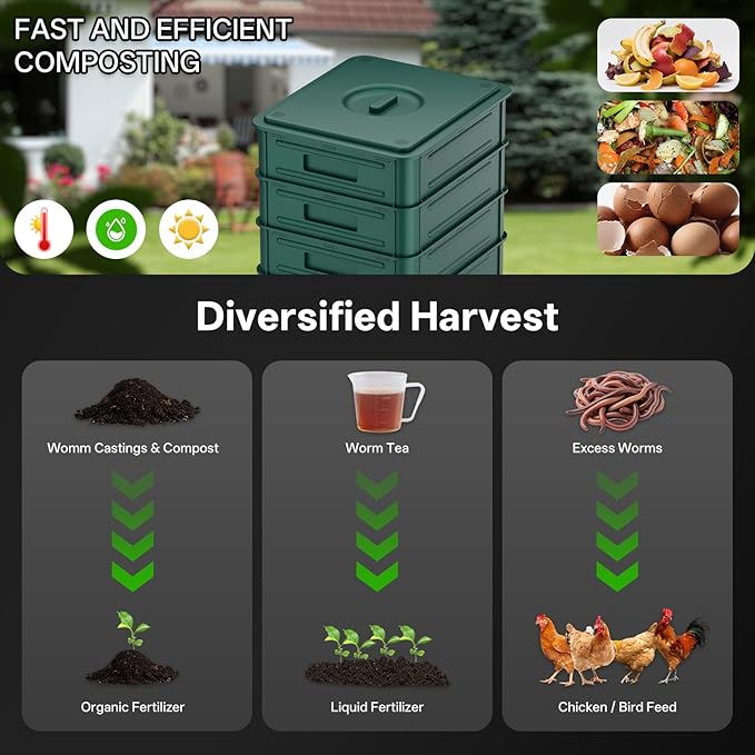 5-Layer Worm Compost Bin, 85L Worm Composter for Indoor & Outdoor, Starter Kits for Vermicomposting Starter, Garden Worm Composting Bin for Recycling Food Waste (Black)