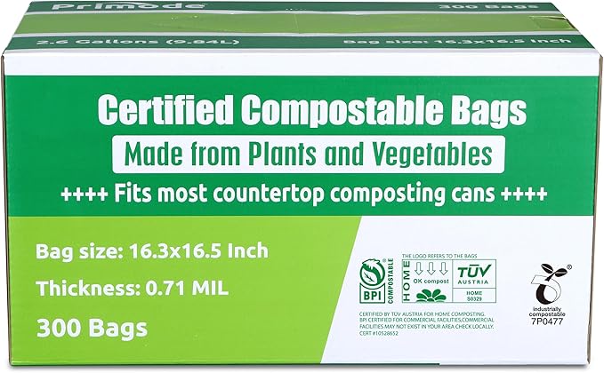 Compostable Bags, 2.6 Gallon Food Scraps Yard Waste Bags, 300 Count, Extra Thick 0.71 Mil. ASTM D6400 Compost Bags Small Kitchen Bag Certified by BPI and TÜV AUSTRIA