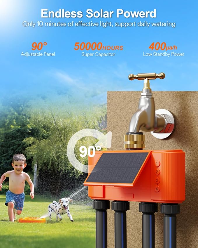 Lumary Solar WiFi Sprinkler Timer 4 Zone w/Water Flow Meter, Smart Water Timer for Garden Hose w/Adjustable 90° Panel, APP Automatic Irrigation Controller System for Lawns Yard, No Need Hub